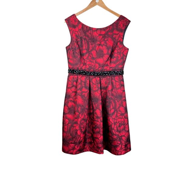 Eliza J Black Embellished Waist Red Floral Brocade Fit & Flare Cocktail Dress - Picture 9 of 12